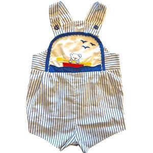 Vintage Baby Boy Nautical Romper 6–9 Months Striped Bear Boat Shortall
